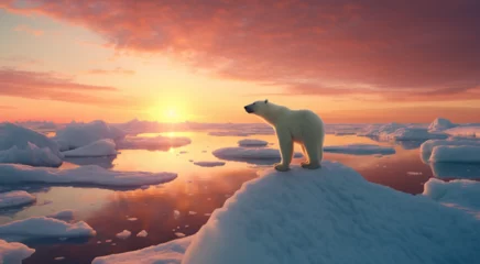 Fototapeten Polar Bear at sunset, Icebergs, icesheets, AI generated © Pakkutaq