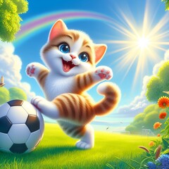 Illustration of joyful kitten playing soccer on vibrant green grass under a clear blue sky, exhibiting happiness. . Cute childrens illustration.  Ideal for Children's Book Illustration