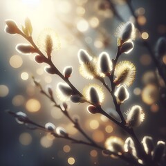 Blossoming willow catkins on blurred background. Close up of pussy willow branches. Springtime Floral Bokeh Background.  - obrazy, fototapety, plakaty