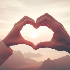 Fototapeta premium The person hand shows the heart shape symbol on the sunset background. Makes with a hand gesture a silhouette of a heart shape on a sunset sky background. Love and valentines day travel concept. 