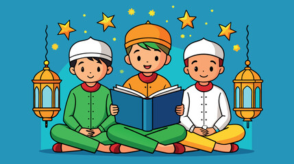 Children cartoon characters celebrating Ramadan together