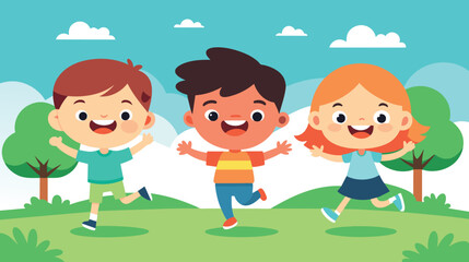 Happy cartoon children playing outdoors on a sunny day