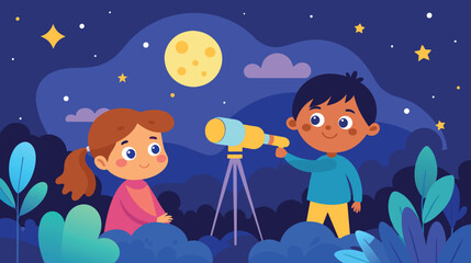 Children exploring the night sky with a telescope