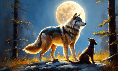 A beautiful oil painting depicting a wolf and a puppy howling at the moon, capturing the essence of...