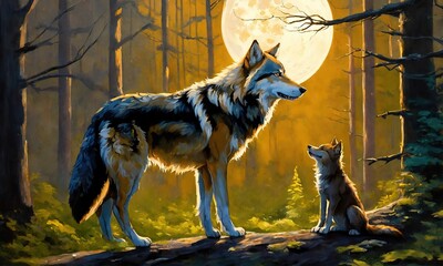 A beautiful oil painting depicting a wolf and a puppy howling at the moon, capturing the essence of nature and companionship.
