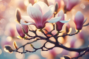 Beautiful blooming magnolia flowers on blurred bokeh background. 