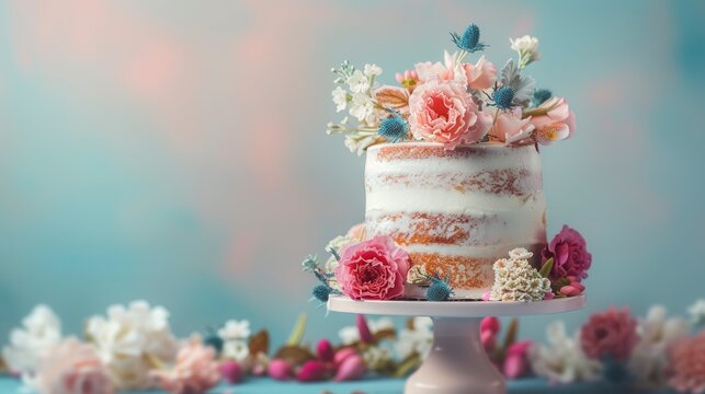 Full view of chic, gorgeous, stylish and delicious wedding cake in the corner of the image with beautiful colorful background