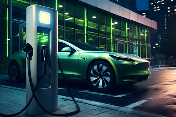 Green concept sustainable energy electric car charging station, ai generated