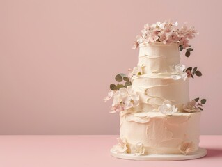 Two-tiered gorgeous and stylish white wedding cake, beautifully decorated in the corner of the image on solid pastel background behind