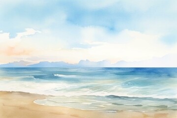 Fototapeta na wymiar Watercolor illustration of beach and horizon line. Generative AI