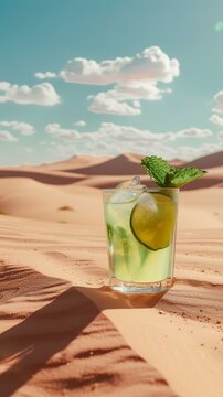 A glass of mojito rests on the golden dunes of the Sahara desert in a surreal vision of refreshment amidst the relentless heat. Cold drink with rum, mint and lemon.