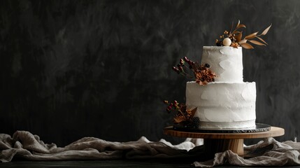 Two-tiered gorgeous and stylish white wedding cake, beautifully decorated in the corner of the image on black luxury background behind