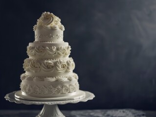 Fototapeta premium Two-tiered gorgeous and stylish white wedding cake, beautifully decorated in the corner of the image on dark background behind
