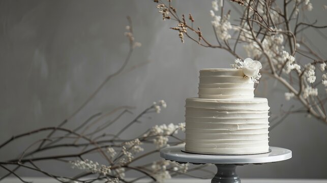 Two-tiered gorgeous and stylish white wedding cake, beautifully decorated in the corner of the image on wedding background