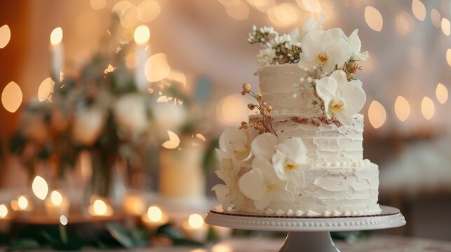 Two-tiered gorgeous and stylish white wedding cake, beautifully decorated in the corner of the image on wedding background behind