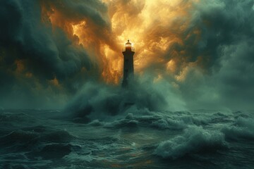 A solitary lighthouse stands tall amidst the tumultuous ocean, its beacon piercing through the stormy clouds in the sky - obrazy, fototapety, plakaty