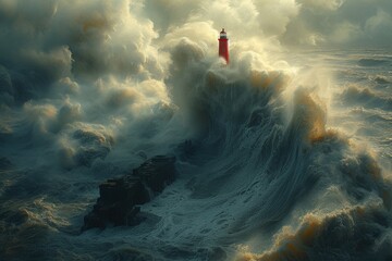 A solitary lighthouse stands tall against the ever-changing sky, its beacon a guiding light in the vast expanse of the ocean - obrazy, fototapety, plakaty