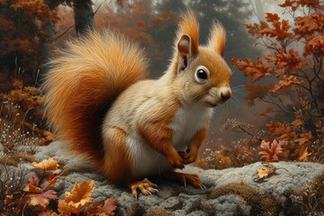 A majestic douglas squirrel confidently perches atop a rugged rock, its bushy tail swishing in the crisp autumn air, embodying the resilient spirit of ground squirrels in the wild