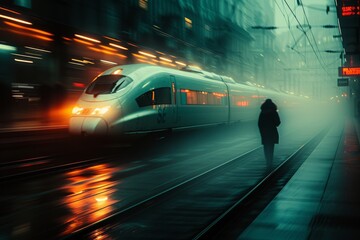 A lone figure navigates the electric tracks of a train station, symbolizing the endless journey and constant movement of city life