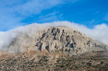 Panoramic view from road to Antequerra National Park, limestone rock formations and known for unusual karst landforms in Andalusia, Malaga, Spain.