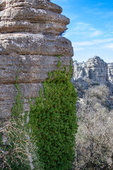 Hiking the Torcal de Antequerra National Park, limestone rock formations and known for unusual karst landforms in Andalusia, Malaga, Spain.