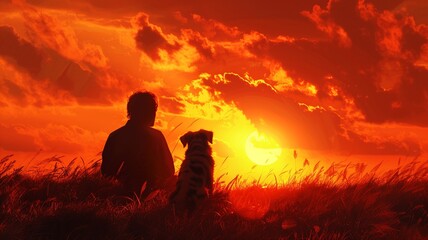Peaceful Sunset Companionship: Pet and Owner

