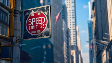 Sign on the side of the city street in the daytime with text "SPEED LIMIT 25". Prohibited driving behavior restriction, restriction plate, speed regulation, town traffic
