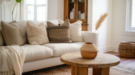 Fototapeta na wymiar Natural Textured Living Room Interior with Neutral Tones and Rustic Decor Elements