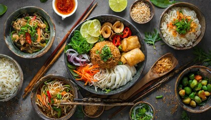 Composition of various Asian dishes in bowl top view