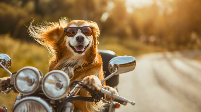 Funny dog wearing sunglasses, driving or riding a motorcycle chopper outdoors on a sunny summer day