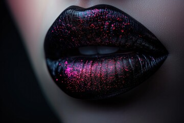 Large plump female lips painted with dark black lipstick with purple and red glitter, close-up on a black background - obrazy, fototapety, plakaty