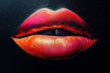 Large plump female lips painted with multi-colored bright red-purple-orange-yellow lipstick, close-up on a black background