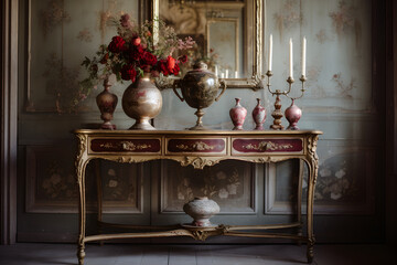 Vintage Elegance: A Still-life Vignette of European Antiques Featuring Rococo Mirror, French Console, Porcelain Vase, and Victorian Candlestick
