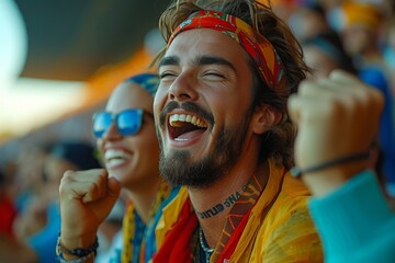 A bearded man's infectious smile illuminates the festival as he stands proudly in his outdoor clothing, his mouth agape in awe of the lively human faces surrounding him - obrazy, fototapety, plakaty