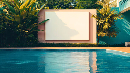 Large wide horizontal white blank billboard sign for advertisements on the edge of swimming pool, tropical environment. Business poster commercial board outdoors, marketing frame mockup for promotion