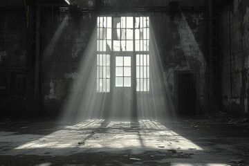 A black-and-white photograph capturing the stark contrast between light and shadow in an abandoned industrial warehouse. Concept of urban decay. Generative Ai. - obrazy, fototapety, plakaty