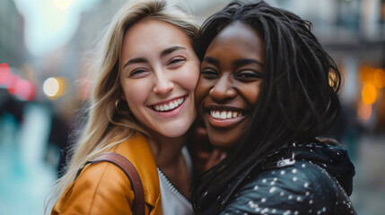 Close up of a two beautiful young women, hugging on the city street and smiling at the camera. One is Caucasian, the other one is African American. Multiracial friendship, cultural diversity - Powered by Adobe