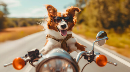 Funny dog wearing sunglasses, driving or riding a motorcycle chopper outdoors on a sunny summer day