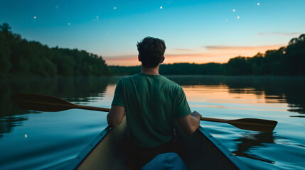 Rearview photo of a young man wearing a t shirt and sitting in a wooden kayak boat and canoeing on the river in the evening. Lake water sport adventure, recreational rowing, starry sky sunset dawn