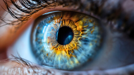 Detailed macro photography of a woman's eye pupil and iris, blue color eyeball and eyelashes. Human...