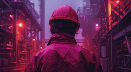 A dedicated firefighter braves the bustling city streets at night, donning a bright red hard hat as their trusty helmet, ready to tackle any building in need of rescue - obrazy, fototapety, plakaty