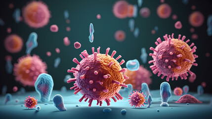 Fototapeta premium Various shapes of bacteria, probiotics under microscope, science, medicine concept background