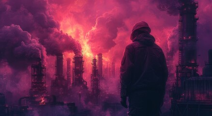 A solitary figure stares in dismay at the towering smokestacks billowing pollution and fire, a somber reminder of the destructive forces of industry - obrazy, fototapety, plakaty