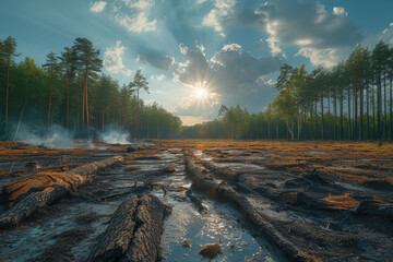 The sharp contrast between an untouched, pristine forest and a clear-cut area with felled trees....