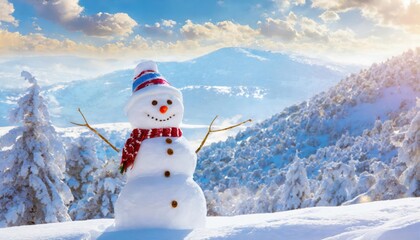 Obraz premium Merry christmas and happy new year greeting card with copy-space.Happy snowman standing in christmas landscape.Snow background.Winter fairytale, Generative AI