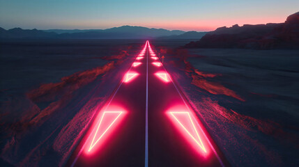 Red neon glowing arrows on the asphalt road passing through the desert with mountains. Straight ahead way concept, path to success direction, business career future guidance,journey to the destination