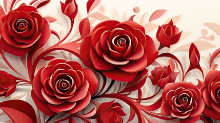 Floral background ornament red roses. Floral artistic 3D wallpaper with red roses on a white background, pattern, pattern, texture, template for banners, prints on fabric, paper, wall paintings.