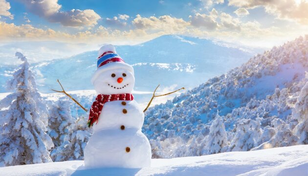 Merry christmas and happy new year greeting card with copy-space.Happy snowman standing in christmas landscape.Snow background.Winter fairytale, Generative AI