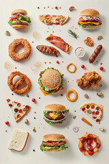 A Cornucopia of Fast Food Treats Isolated on White  An Abstract Closeup of Diverse and Tempting Culinary Delights