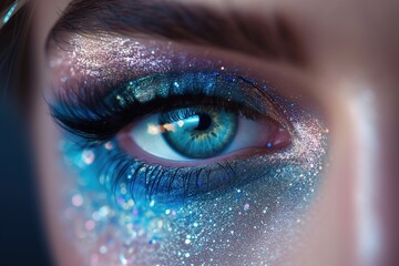 Makeup in blue-birch, violet and blue tones with glitter close-up on a straight-looking eye with a large eyelash and a thick eyebrow